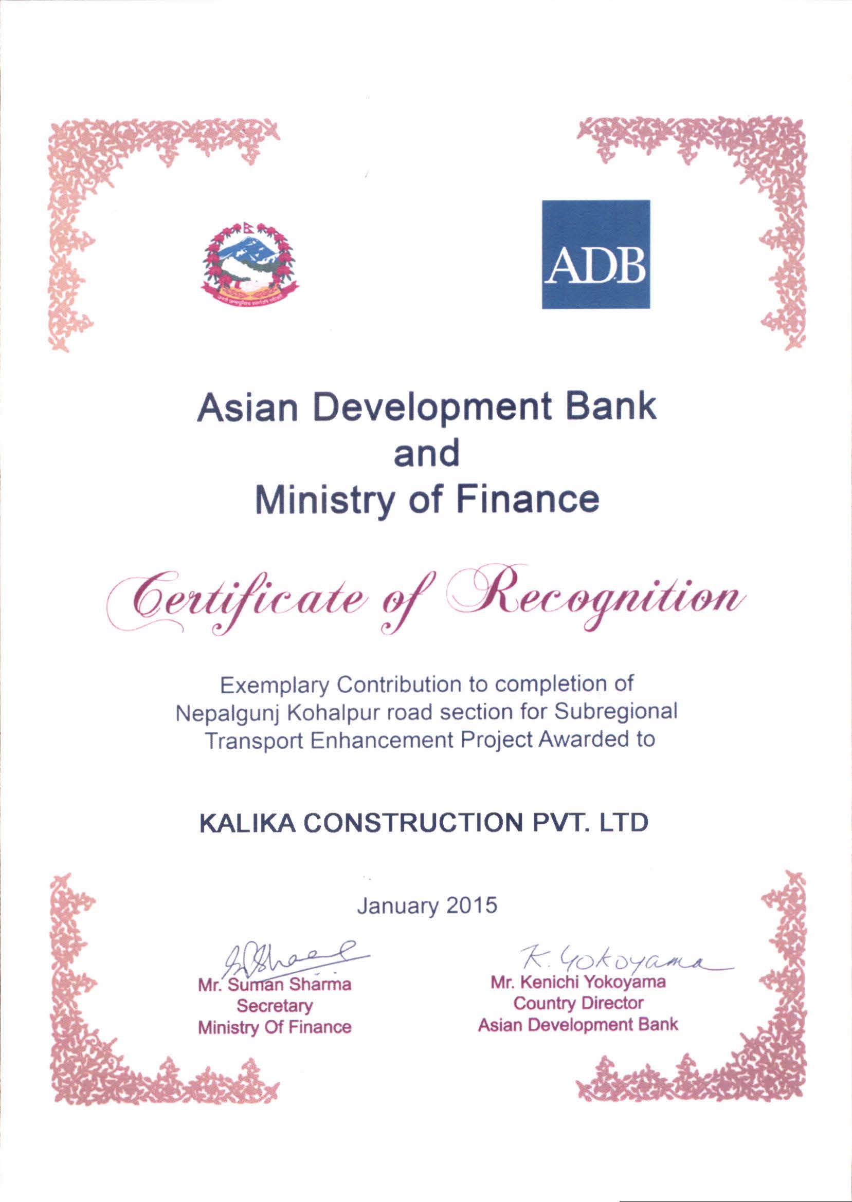 Kalika Construction Awarded by ADB